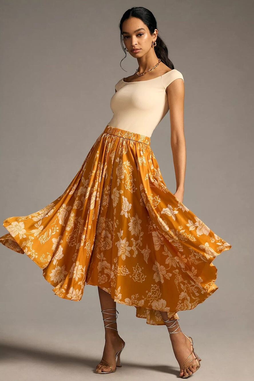NWT By Anthropologie sleek A-Line Yellow White Floral Fall Midi Skirt Women’s L